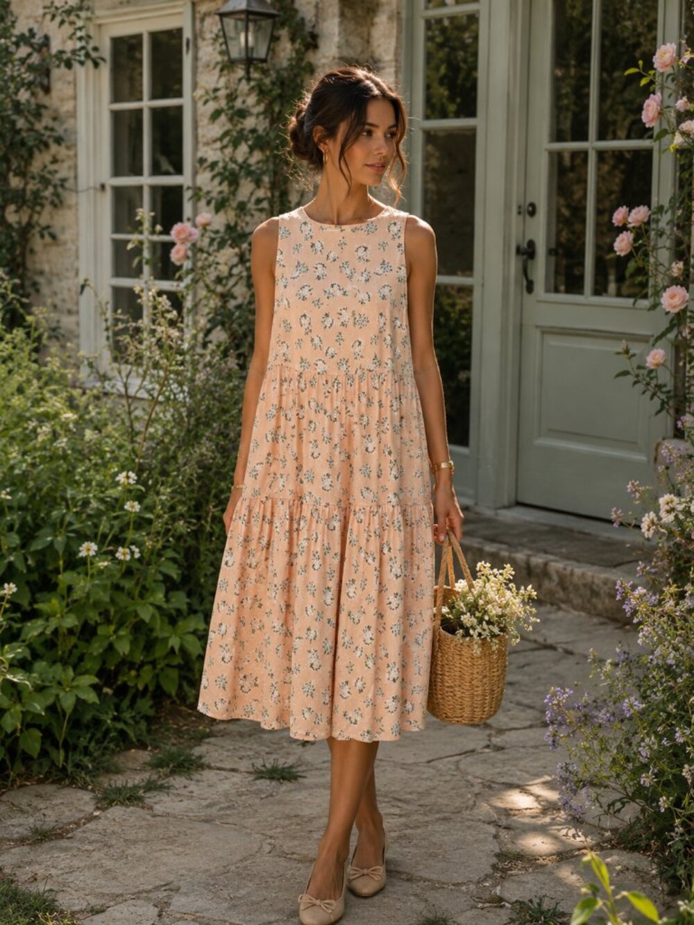 NWT BADGLEY MISCHKA Orange Floral TIered Midi Dress Romantic Cottagecore Chic S